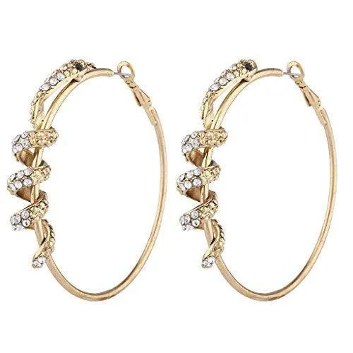 Gold Tone Crystal Rhinestone Snake Serpent Zircon Hoop Earrings